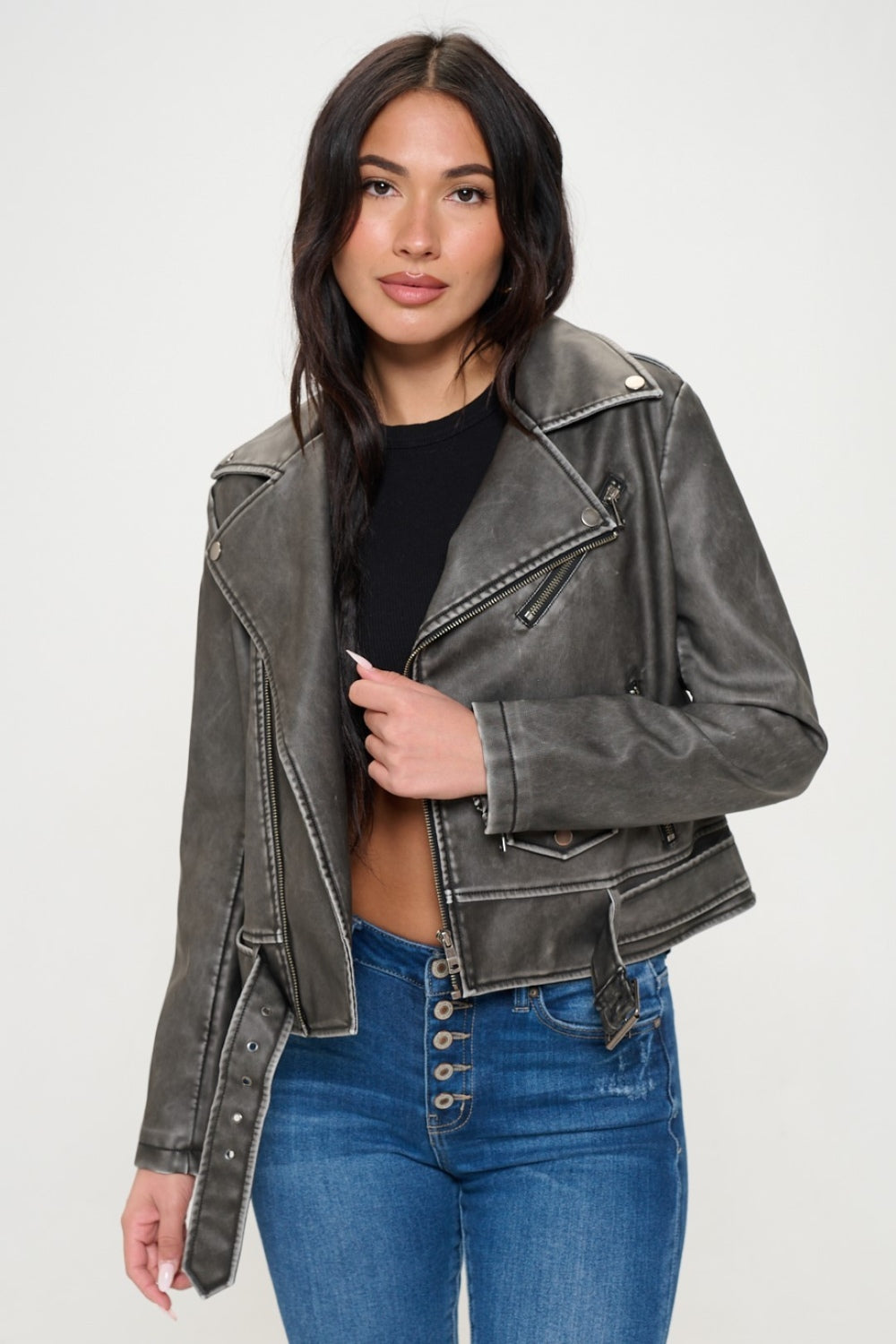 LA Vegan Leather Zip Up Biker Jacket with Belt