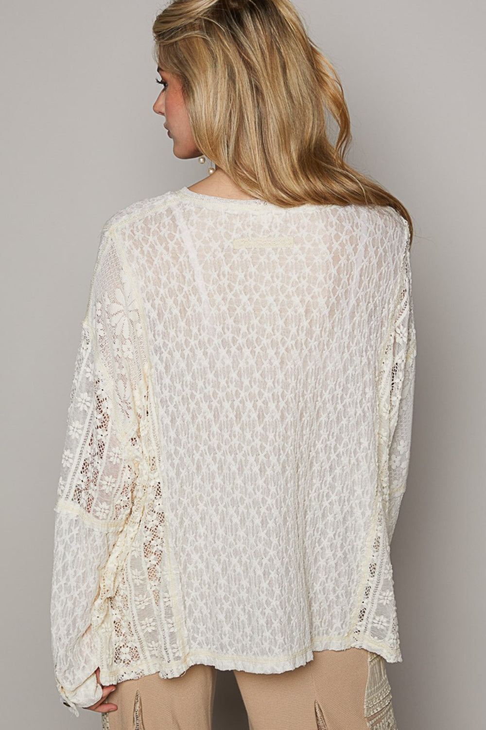 Round Neck Long Sleeve Raw Edge Lace Top