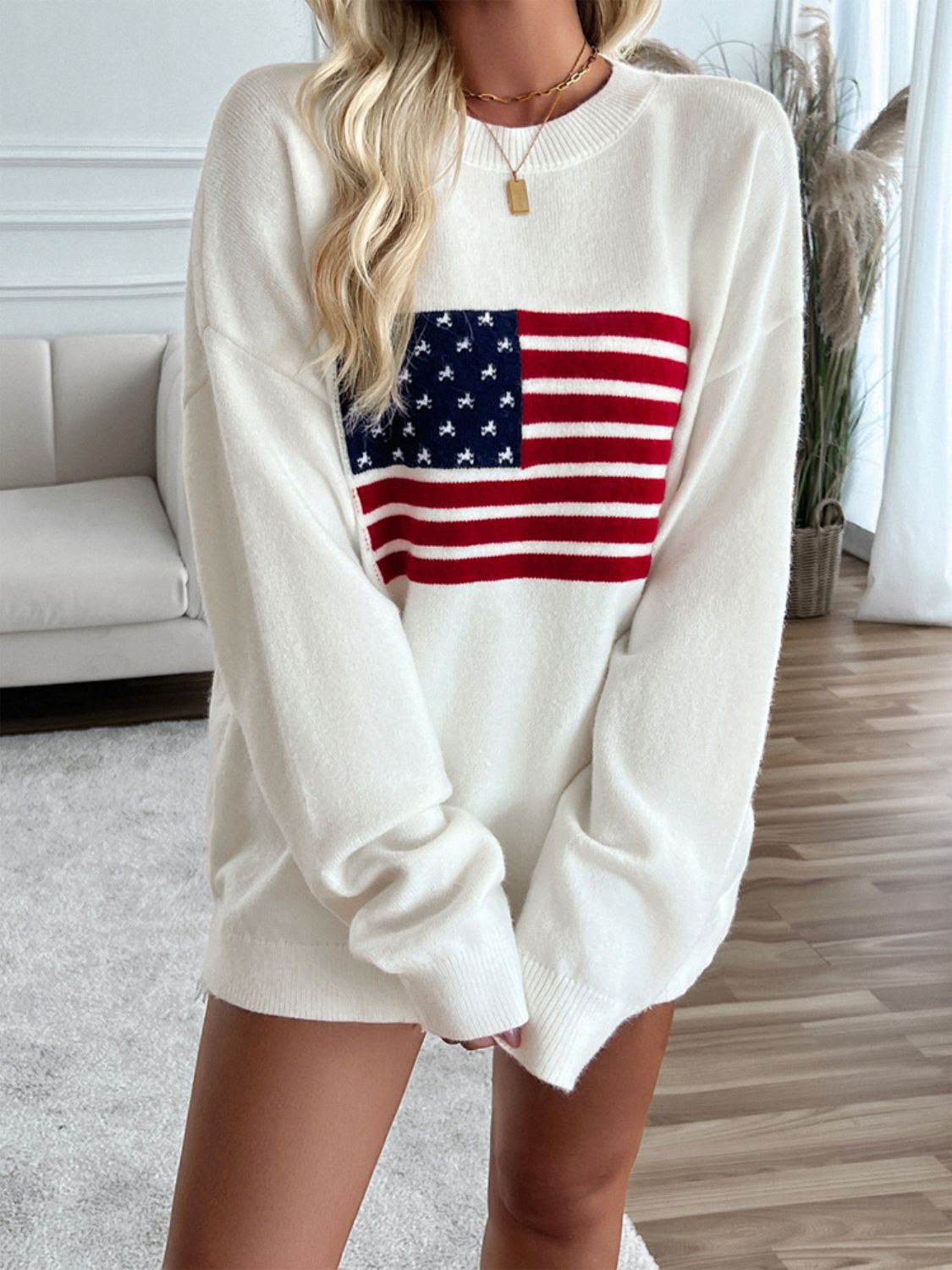 US Flag Round Neck Long Sleeve Knit Sweater Top