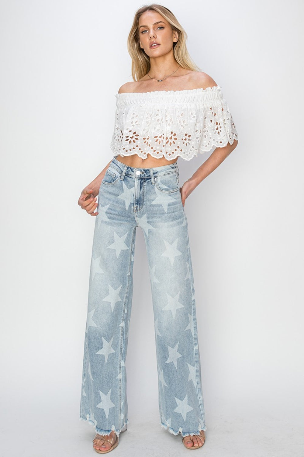 Full Size Raw Hem Star Wide Leg Jeans