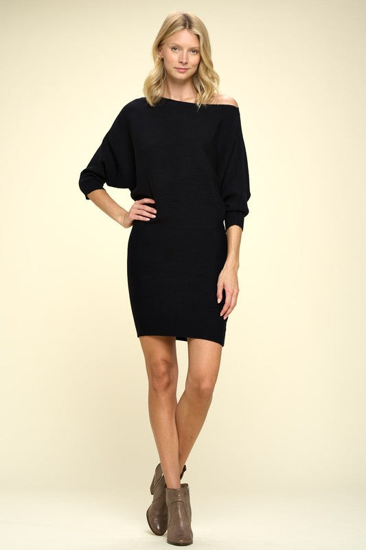 Ribbed Sweater Knit Dolman Sleeve Dress