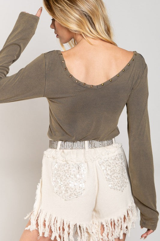 Studded Ribbed V-Neck Top