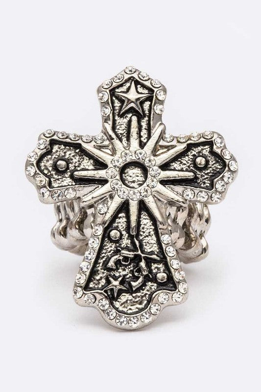 Cross Engraved Crystal Stretch Ring