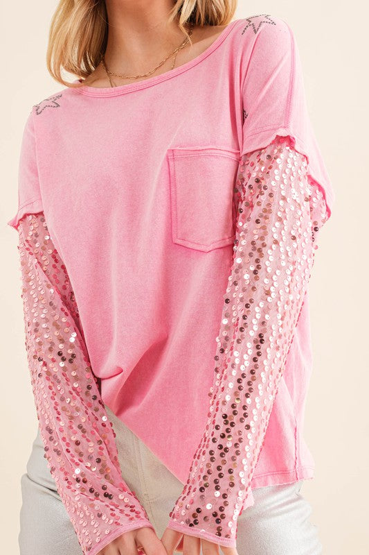 Star Printed Shoulder Sequin Top