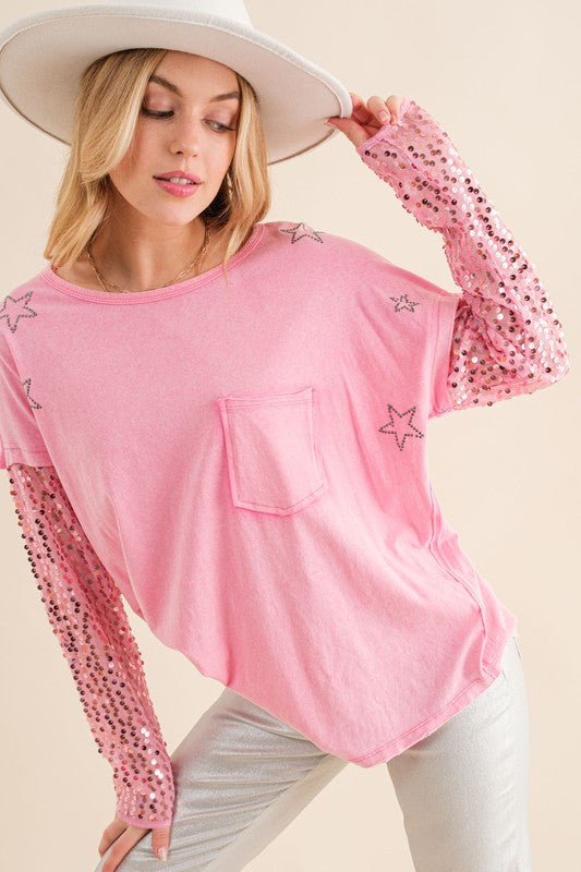 Star Printed Shoulder Sequin Top