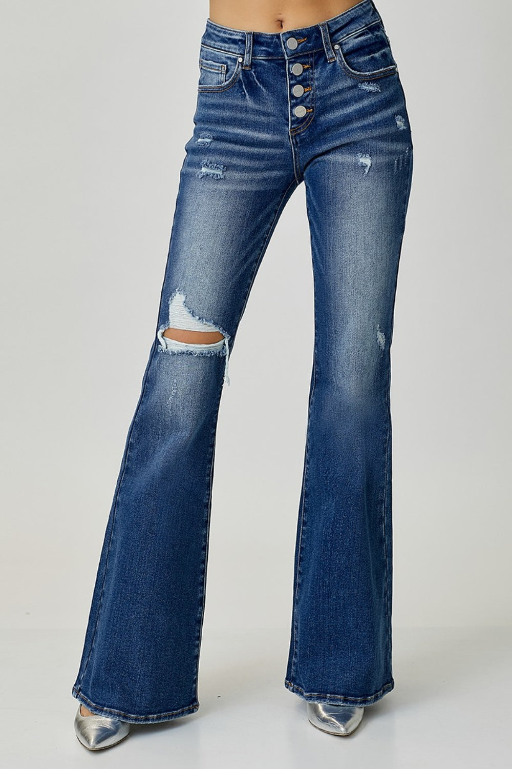 Distressed Button-Fly Flare Jeans