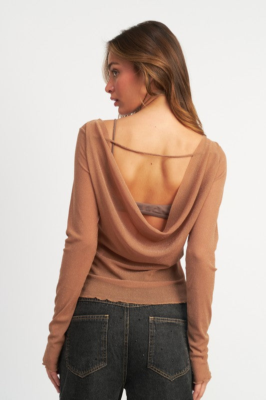 GLITTER MESH TOP WITH BACK COWL