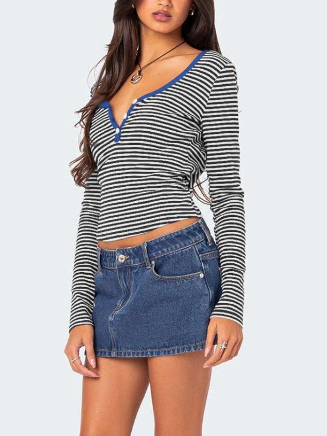 Buttoned Striped Long Sleeve Top