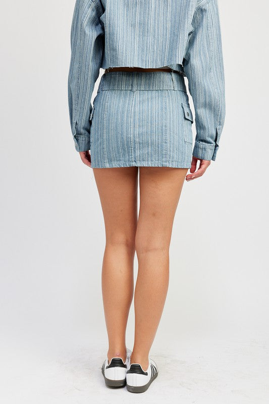 BELTED MINI DENIM SKIRT