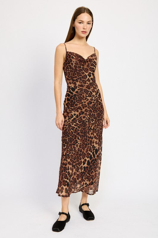 LEOPARD PRINT SPAGHETTI STRAP MAXI DRESS