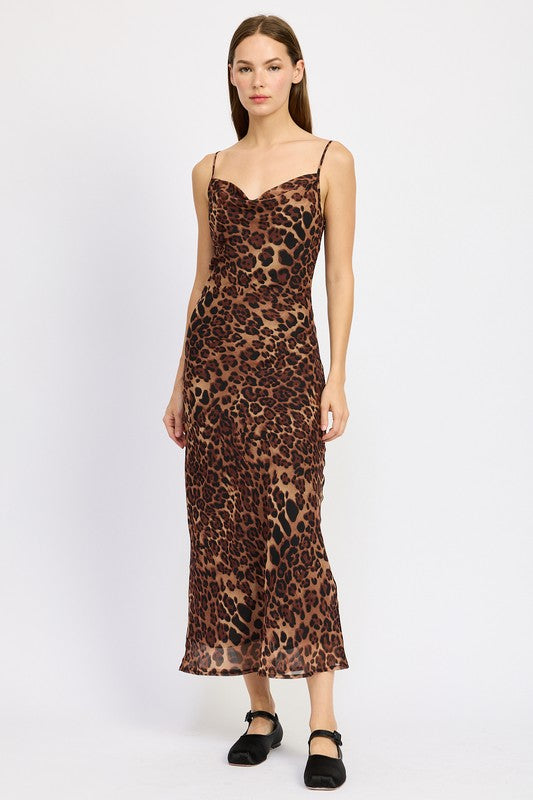 LEOPARD PRINT SPAGHETTI STRAP MAXI DRESS