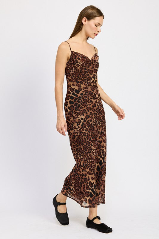 LEOPARD PRINT SPAGHETTI STRAP MAXI DRESS