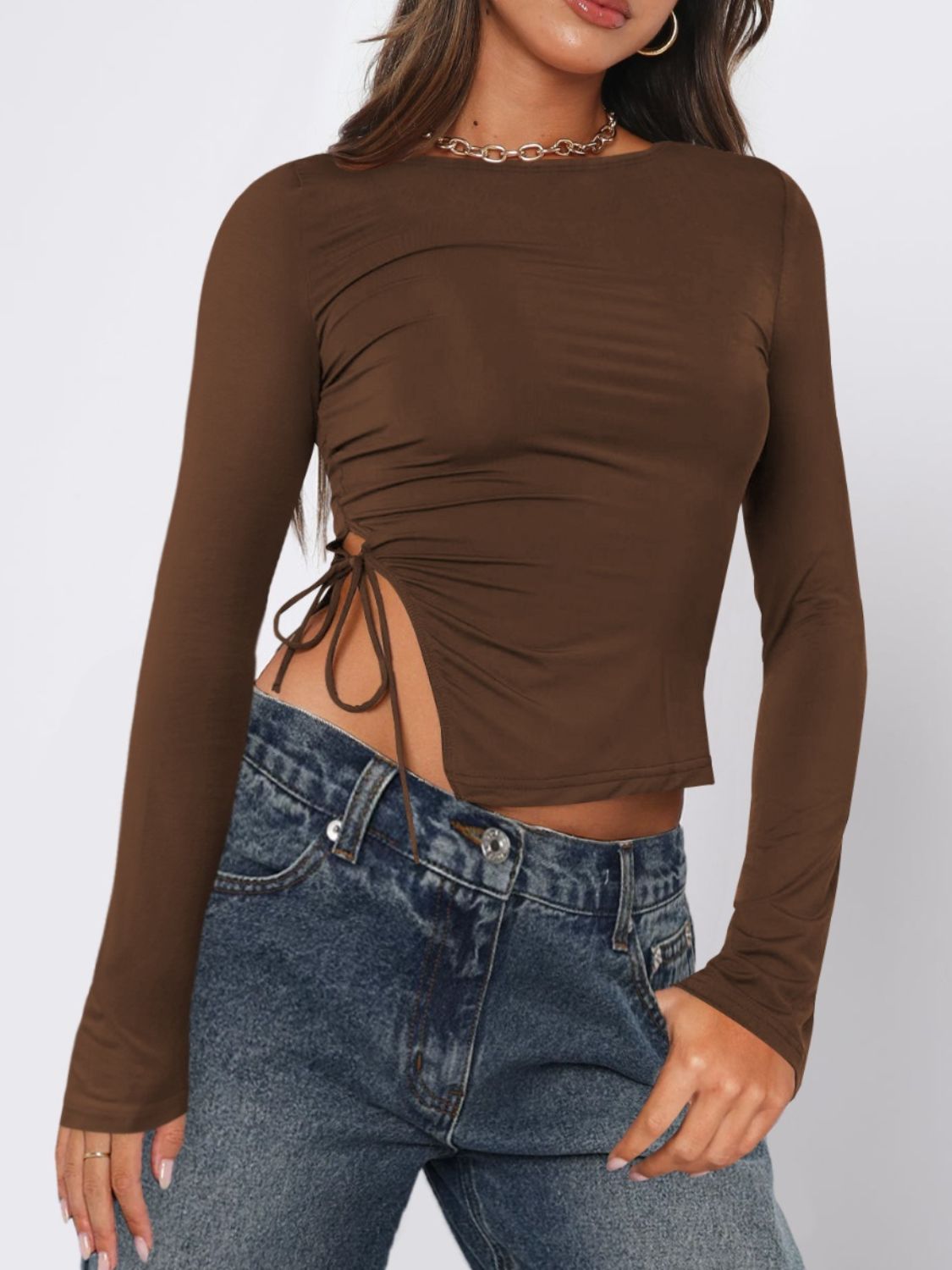 Tied Slit Round Neck Long Sleeve Top