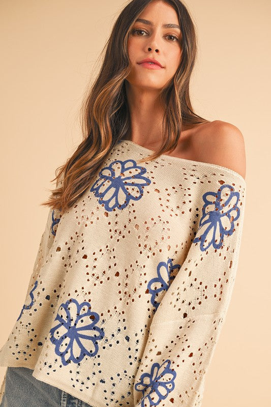 Flower Print Hollow Knit Sweater