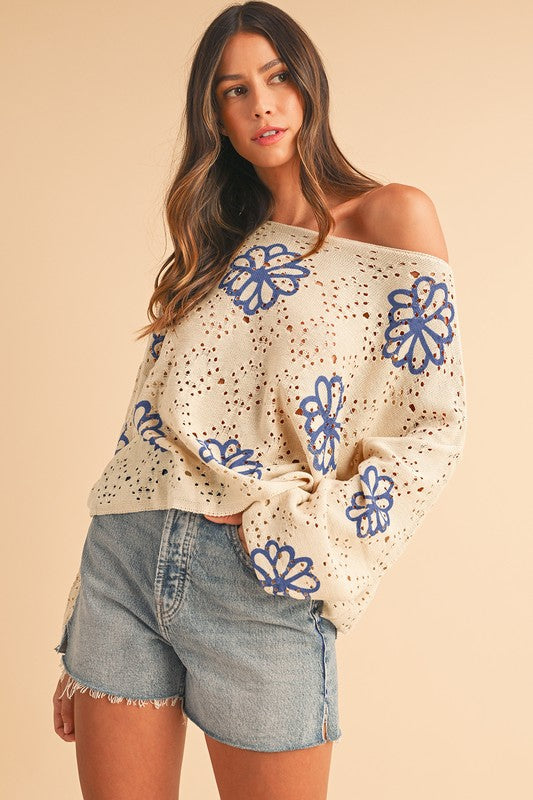 Flower Print Hollow Knit Sweater