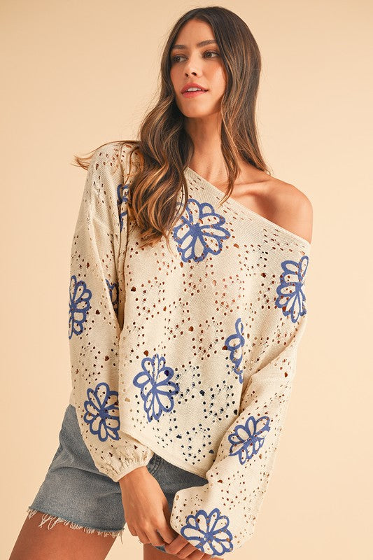 Flower Print Hollow Knit Sweater