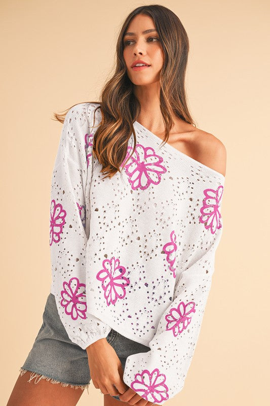 Flower Print Hollow Knit Sweater