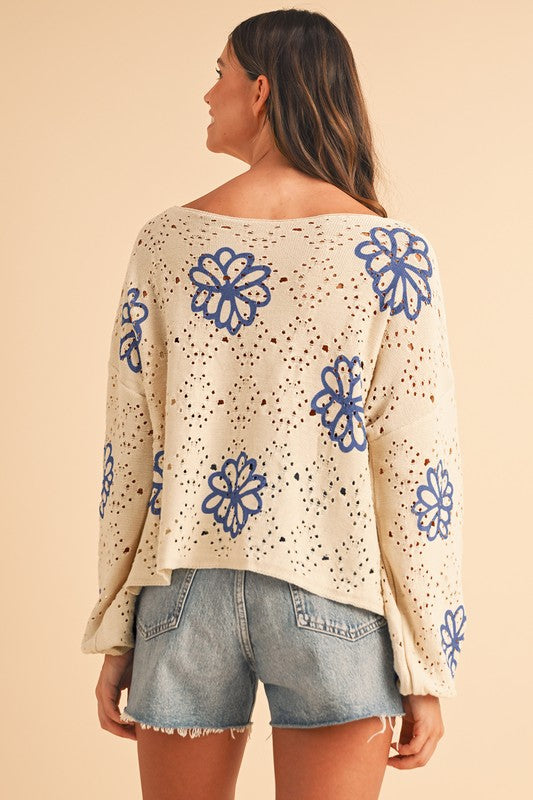 Flower Print Hollow Knit Sweater