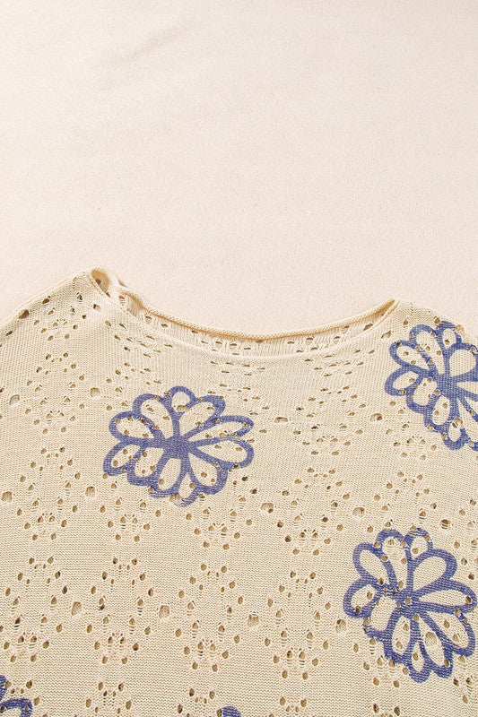 Flower Print Hollow Knit Sweater