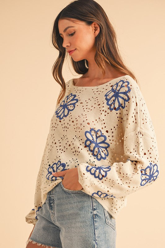 Flower Print Hollow Knit Sweater