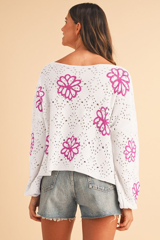 Flower Print Hollow Knit Sweater