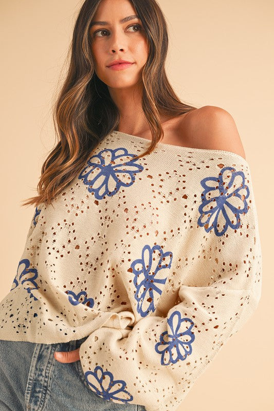 Flower Print Hollow Knit Sweater