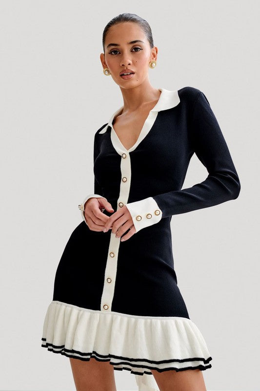 BUTTON RUFFLE SWEATER DRESS