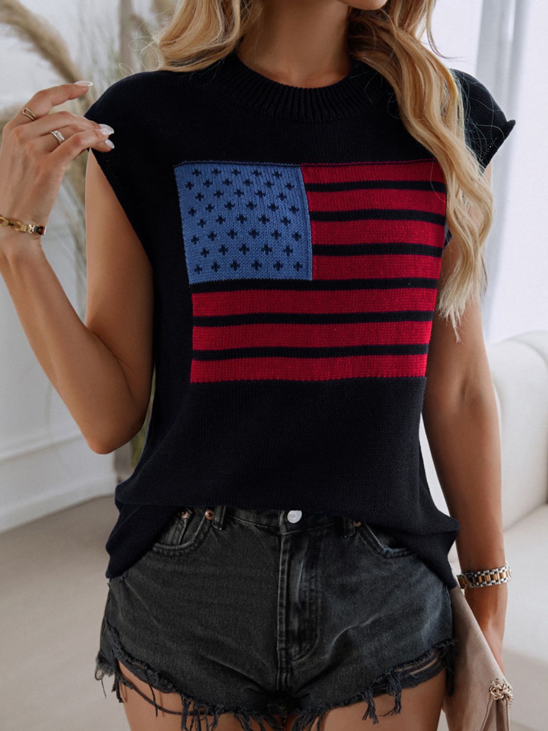 US Flag Round Neck Sweater Vest