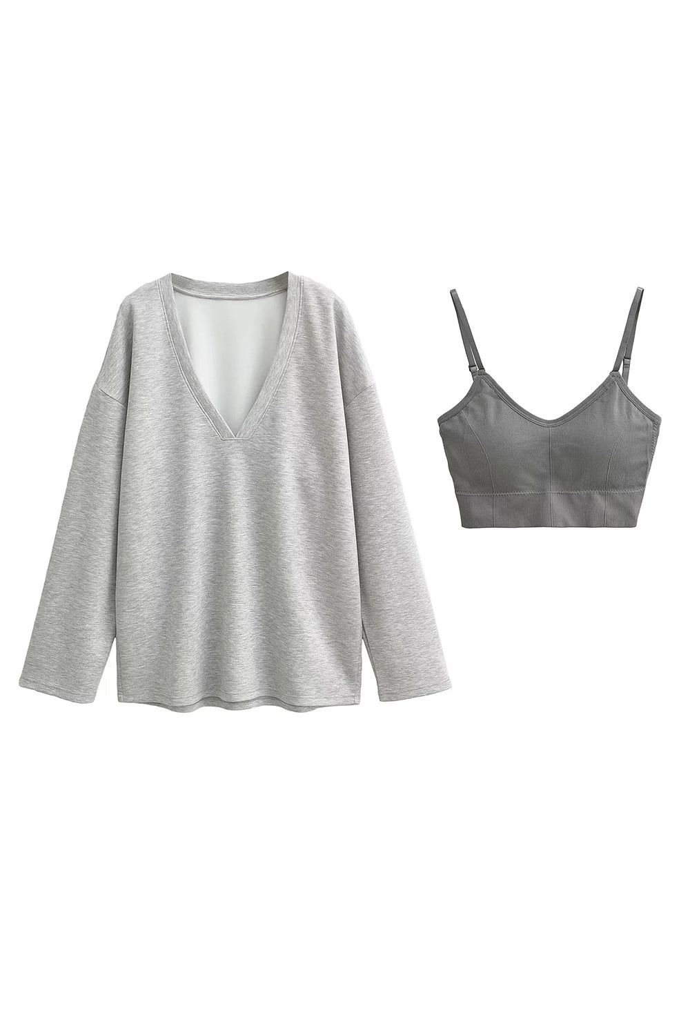 V-Neck Dropped Shoulder Long Sleeve Sweatshirt with Bra