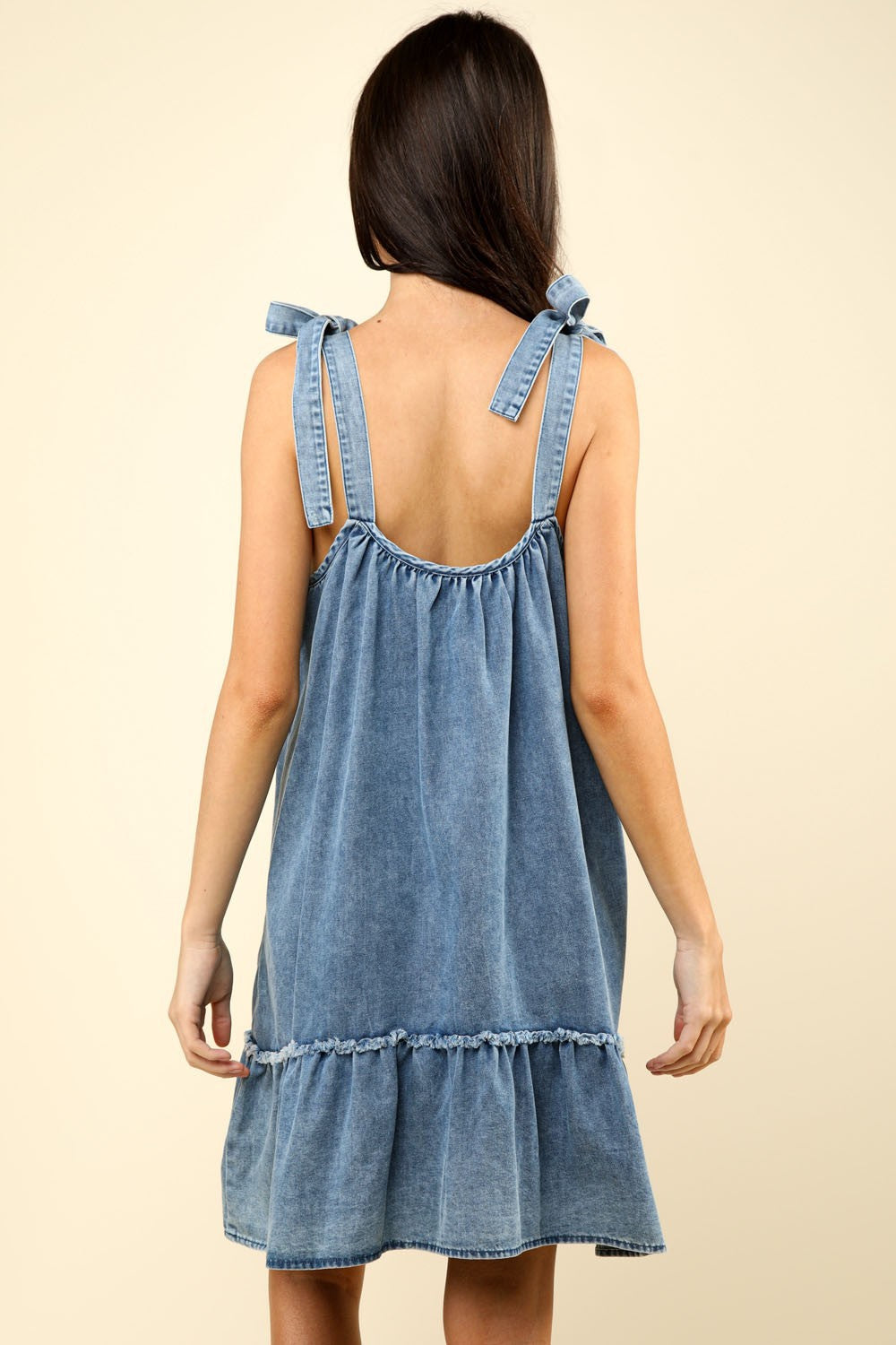 Shoulder Tie Washed Denim Mini Dress