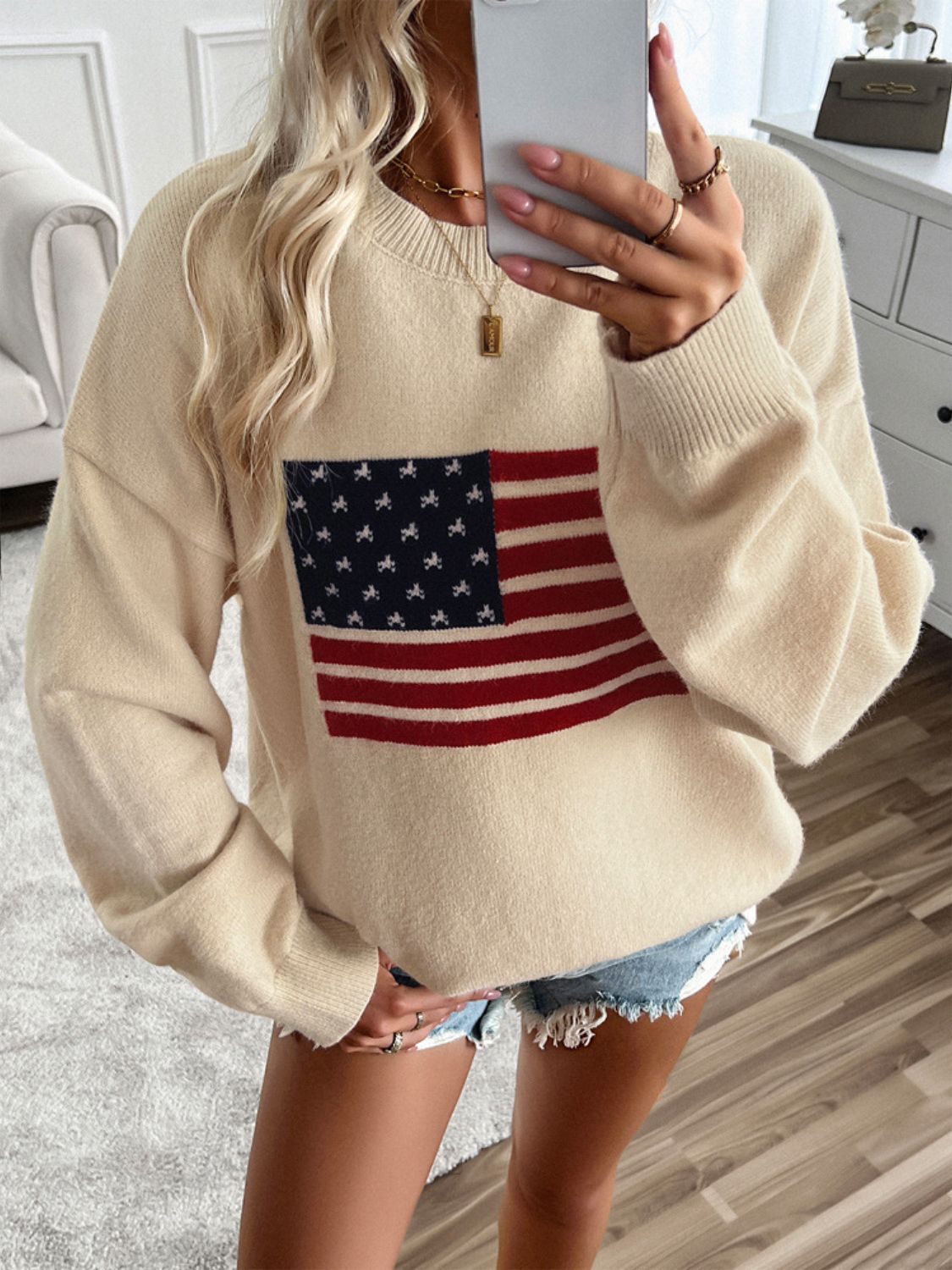 US Flag Round Neck Long Sleeve Knit Sweater Top