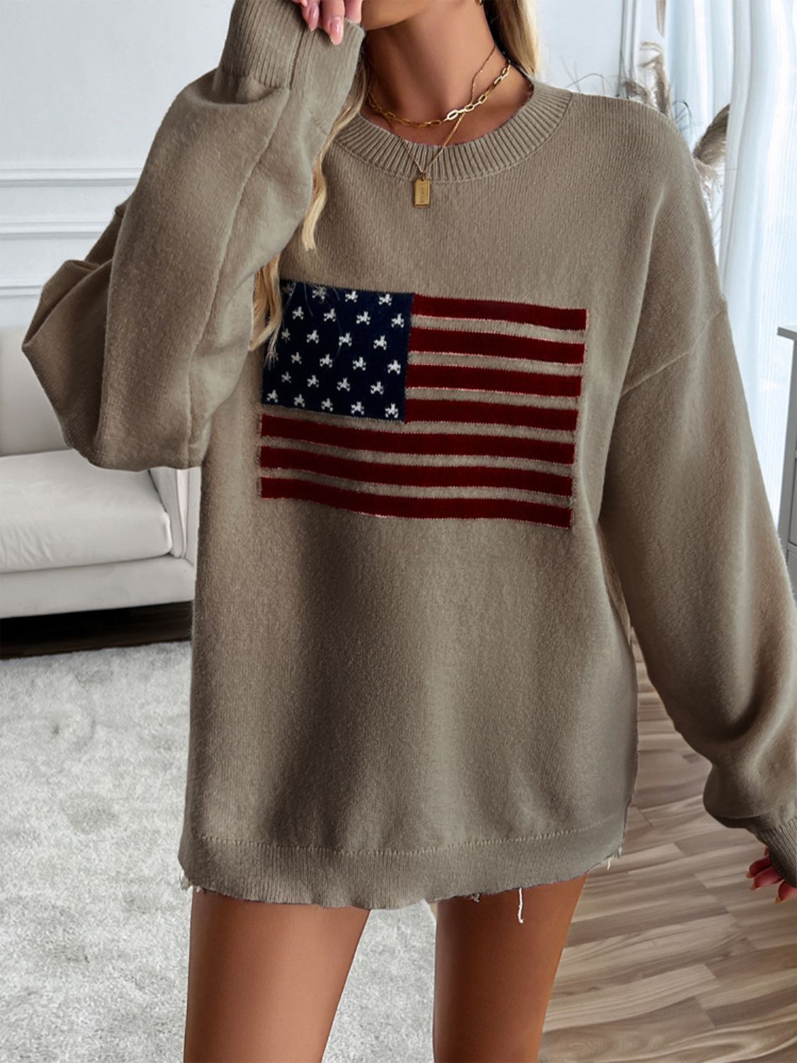 US Flag Round Neck Long Sleeve Knit Sweater Top