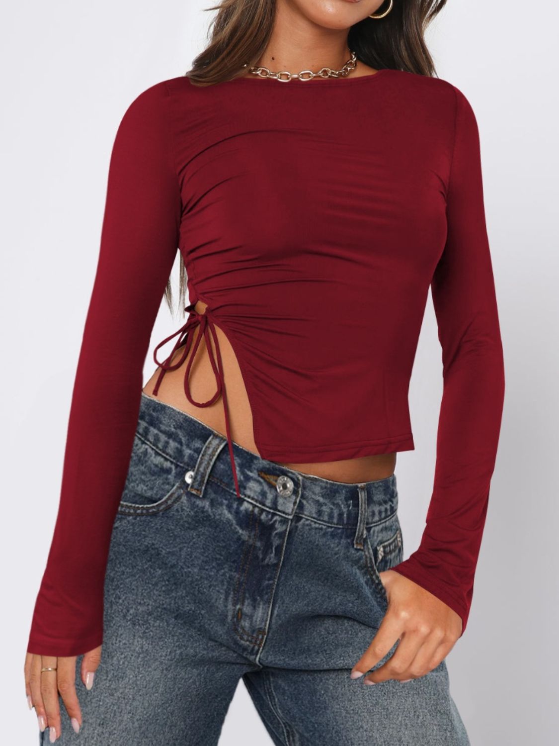 Tied Slit Round Neck Long Sleeve Top