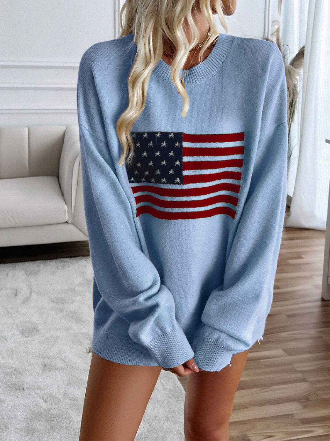 US Flag Round Neck Long Sleeve Knit Sweater Top