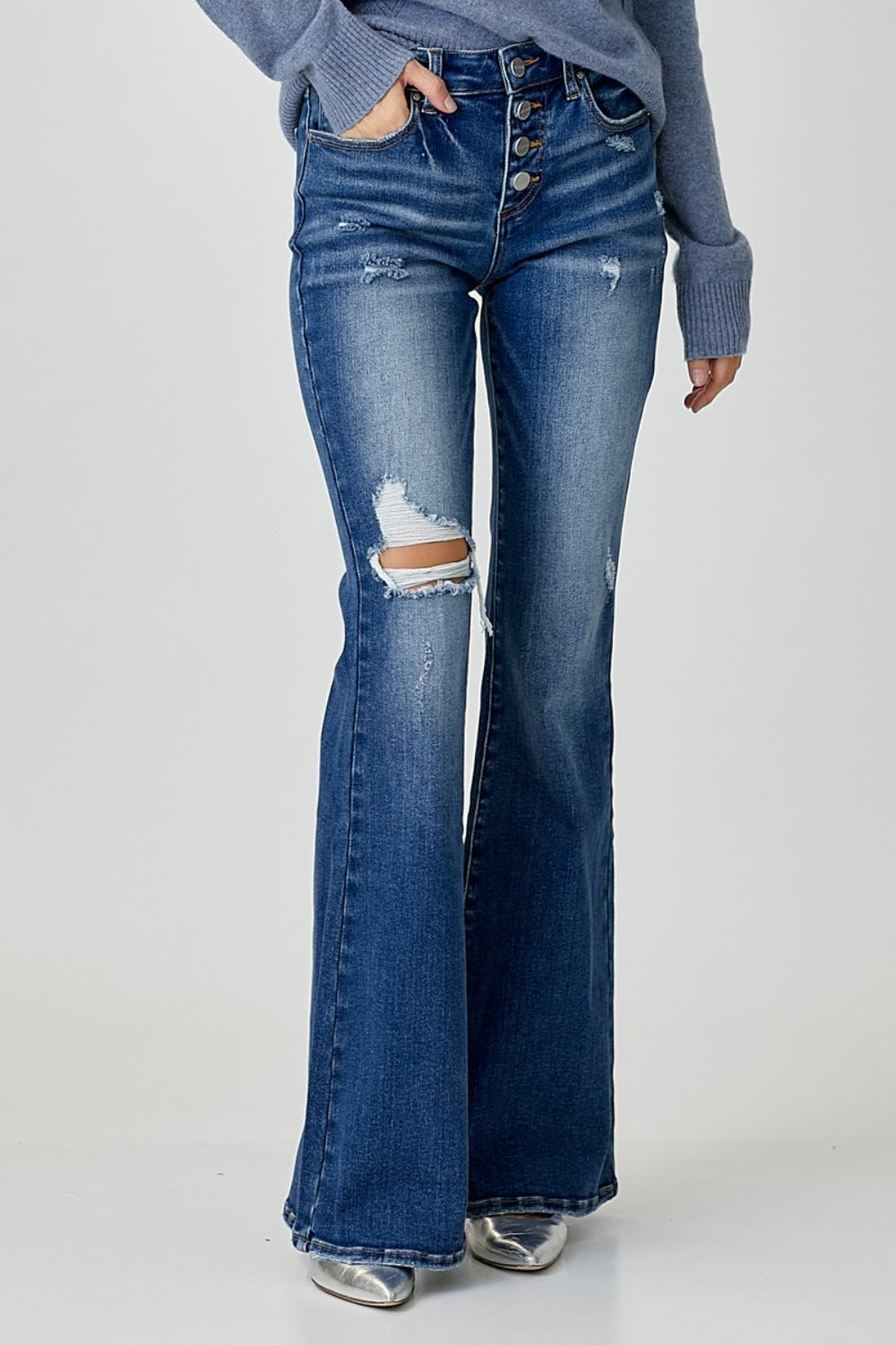 Distressed Button-Fly Flare Jeans