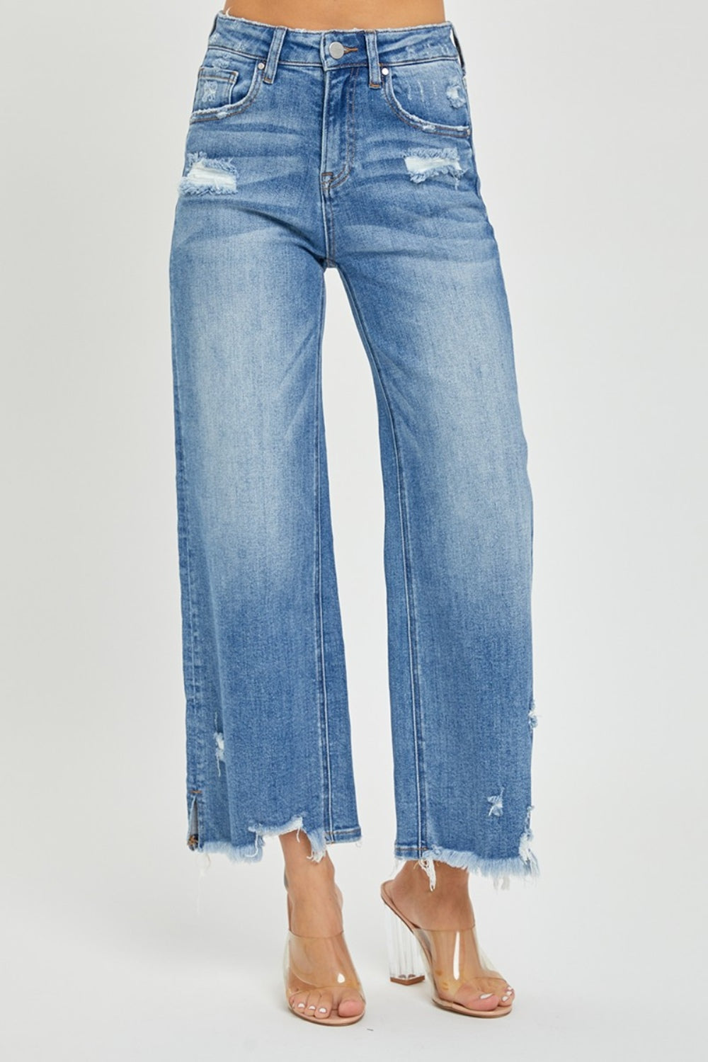 High Rise Side Slit Raw Hem Cropped Jeans