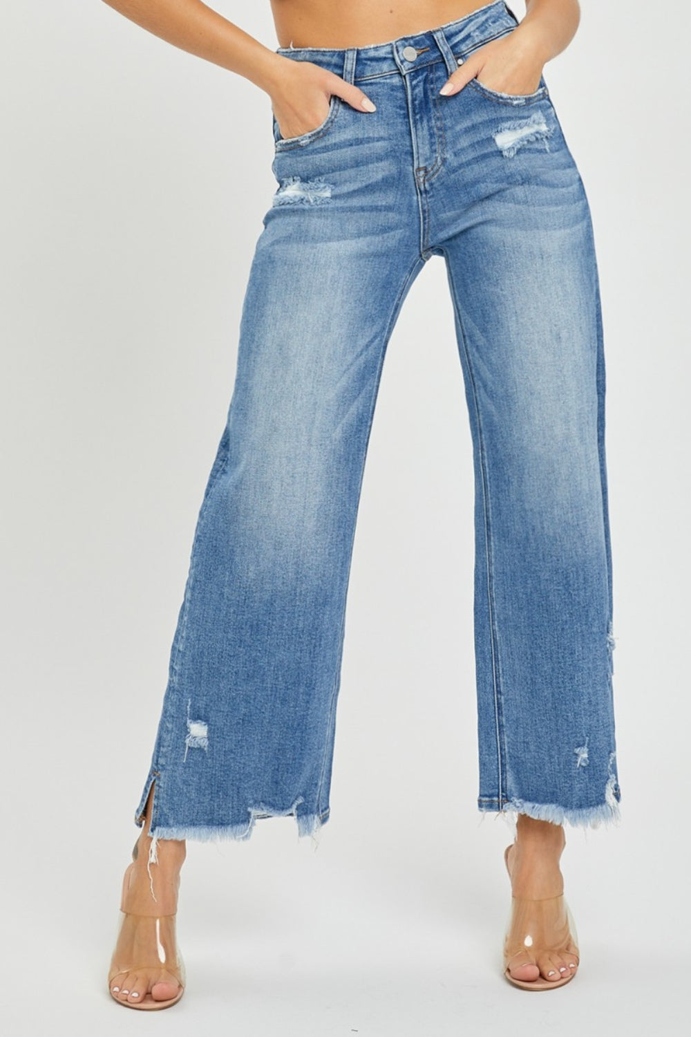 High Rise Side Slit Raw Hem Cropped Jeans