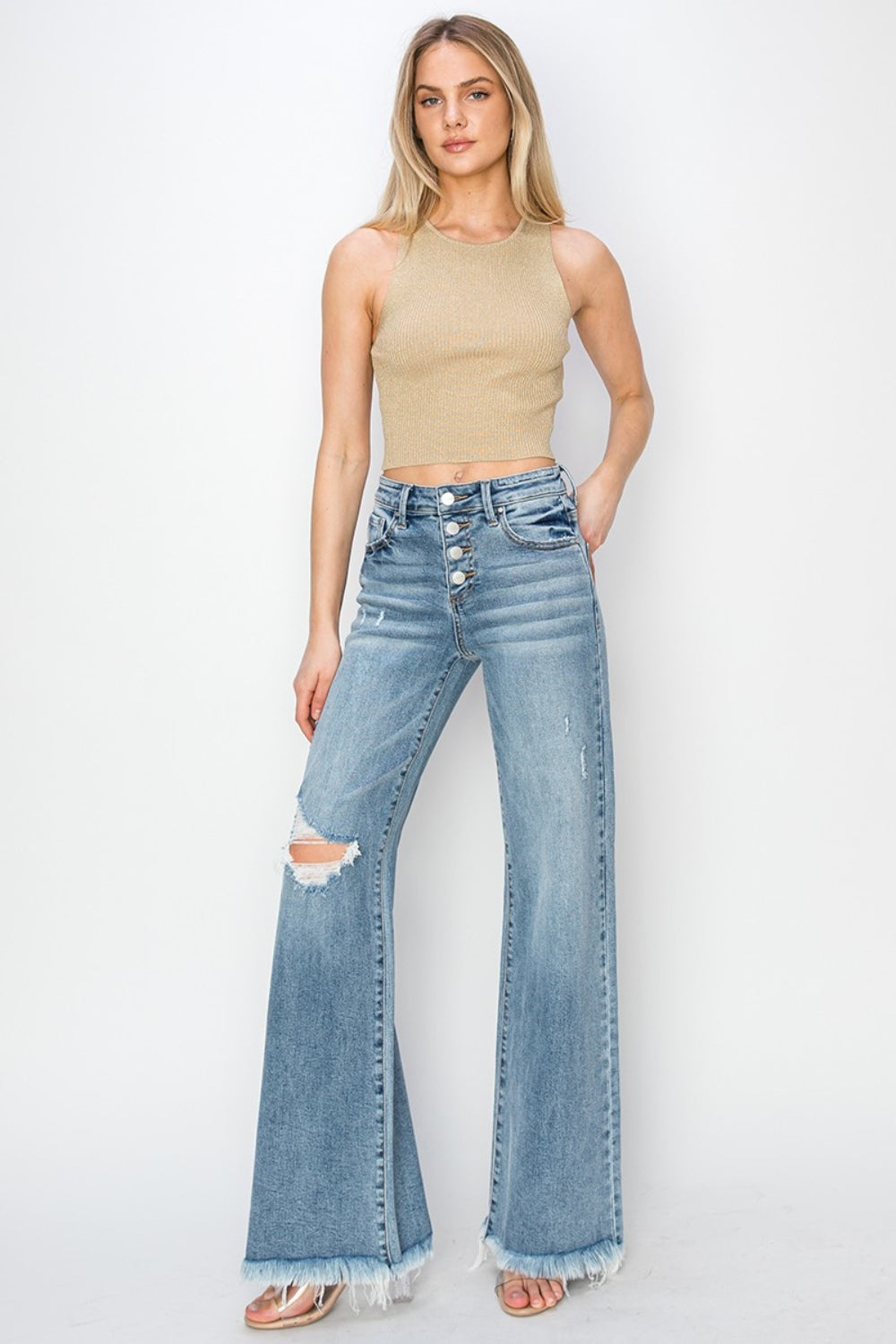 Mid Rise Button Fly Wide Leg Jeans