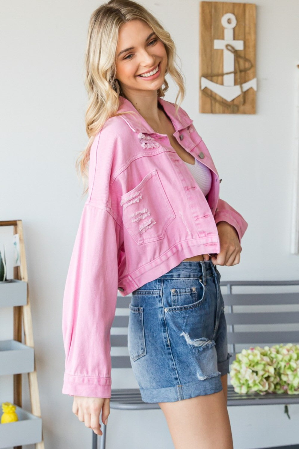 Fringe Distressed Button Up Denim Jacket