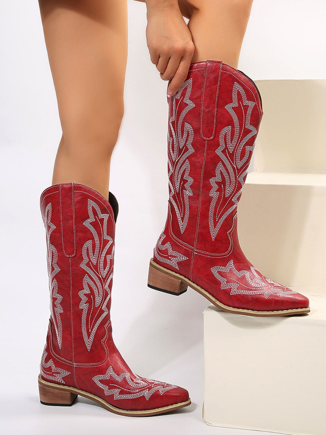 Faux Leather Embroidered Point Toe Boots