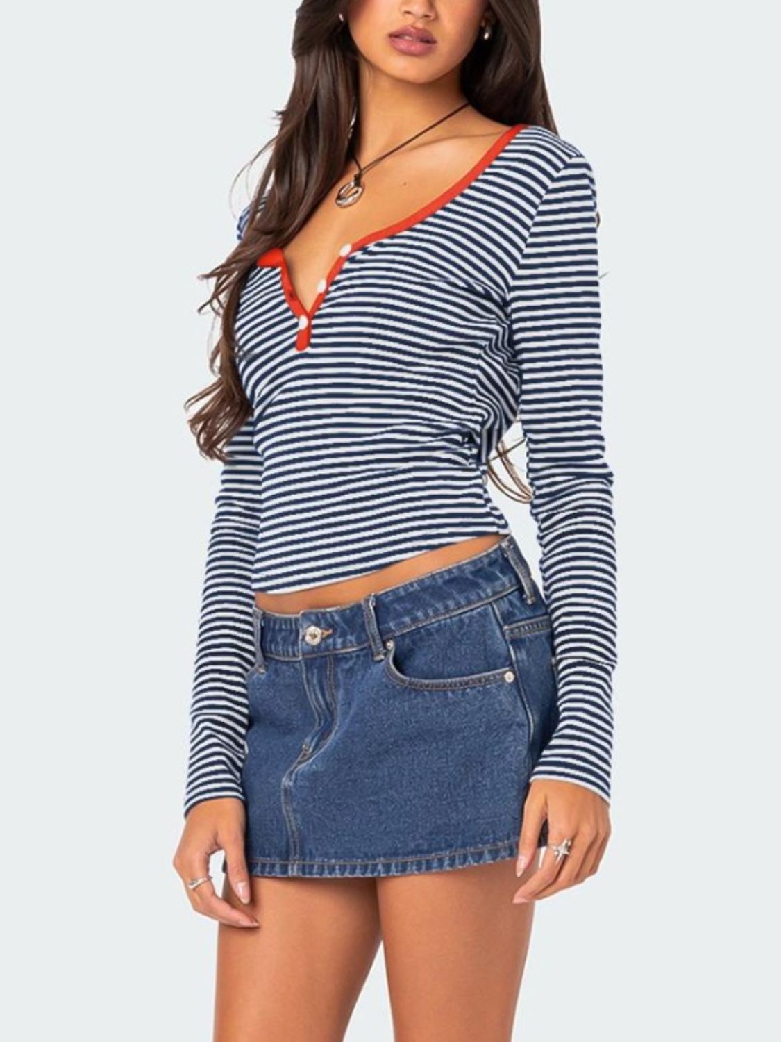 Buttoned Striped Long Sleeve Top