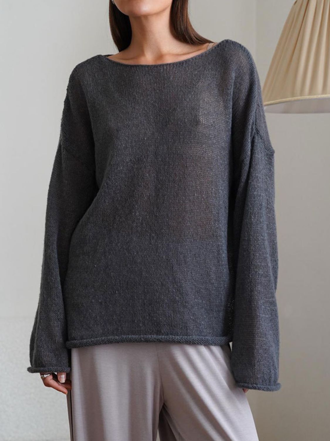 Boat Neck Long Sleeve Knit Cover Up