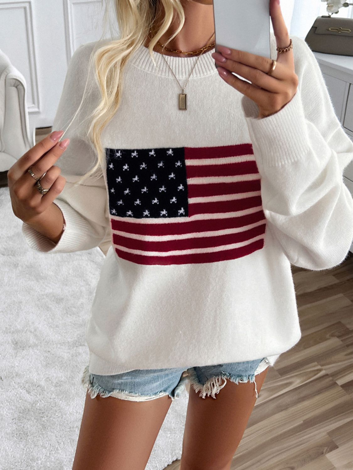 US Flag Round Neck Long Sleeve Knit Sweater Top