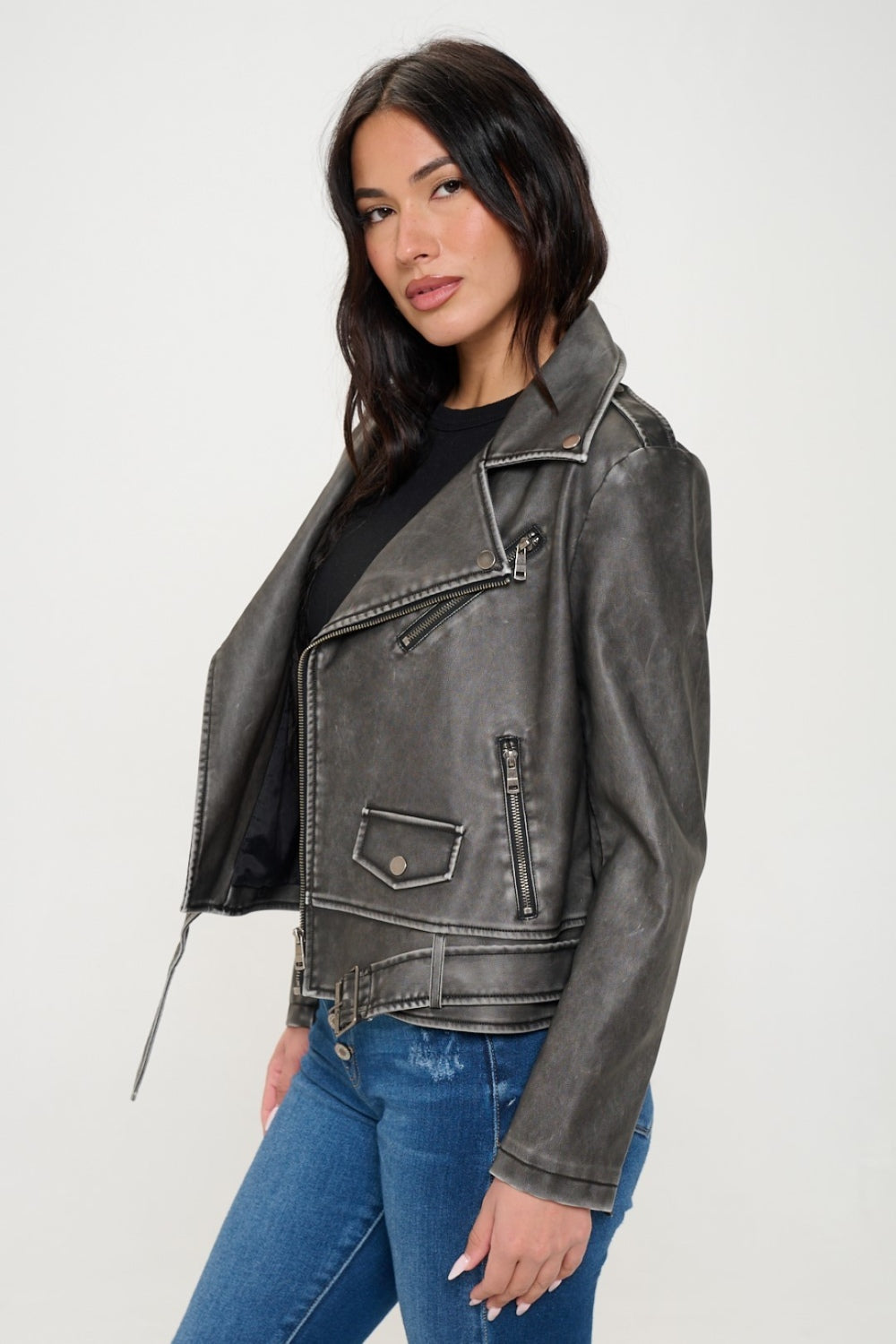 LA Vegan Leather Zip Up Biker Jacket with Belt