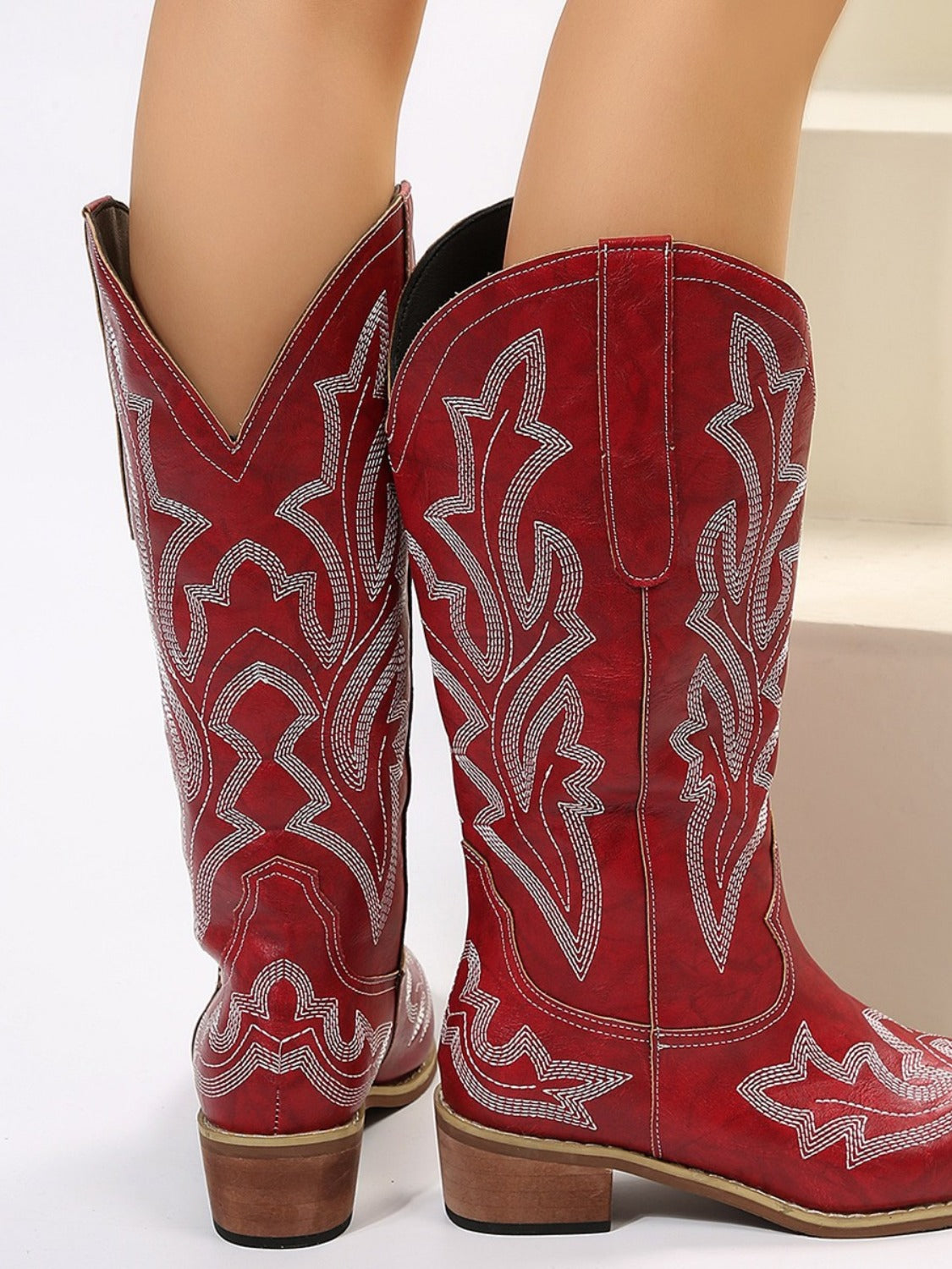 Faux Leather Embroidered Point Toe Boots