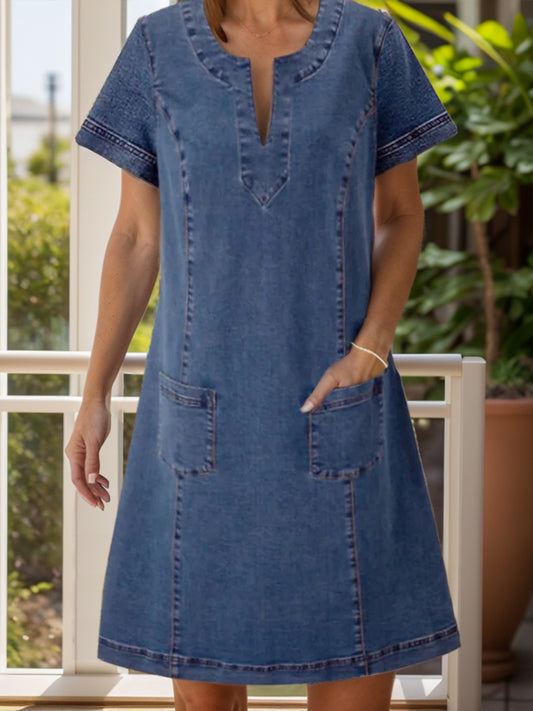 Full Size Notched Short Sleeve Denim Dress