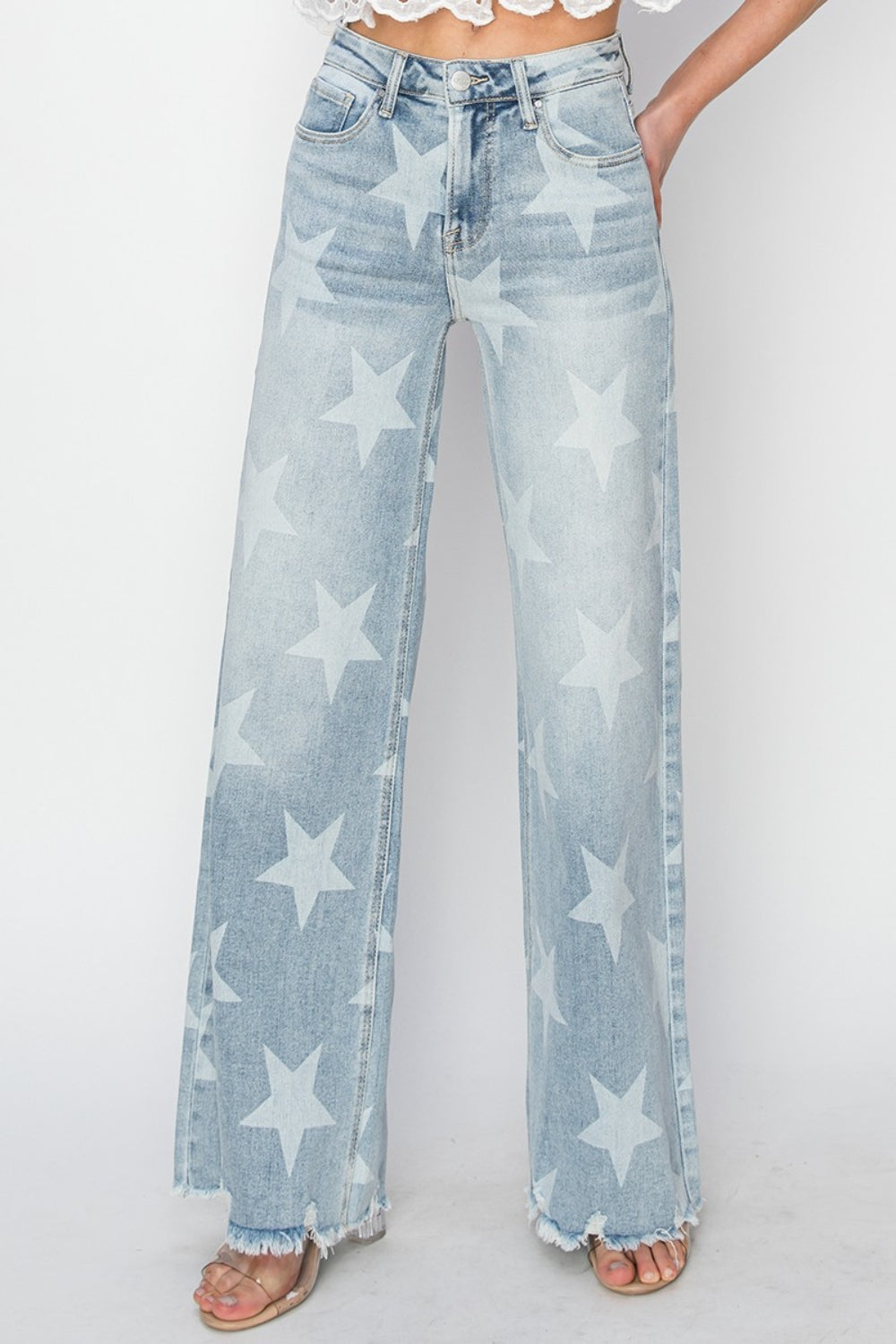 Full Size Raw Hem Star Wide Leg Jeans