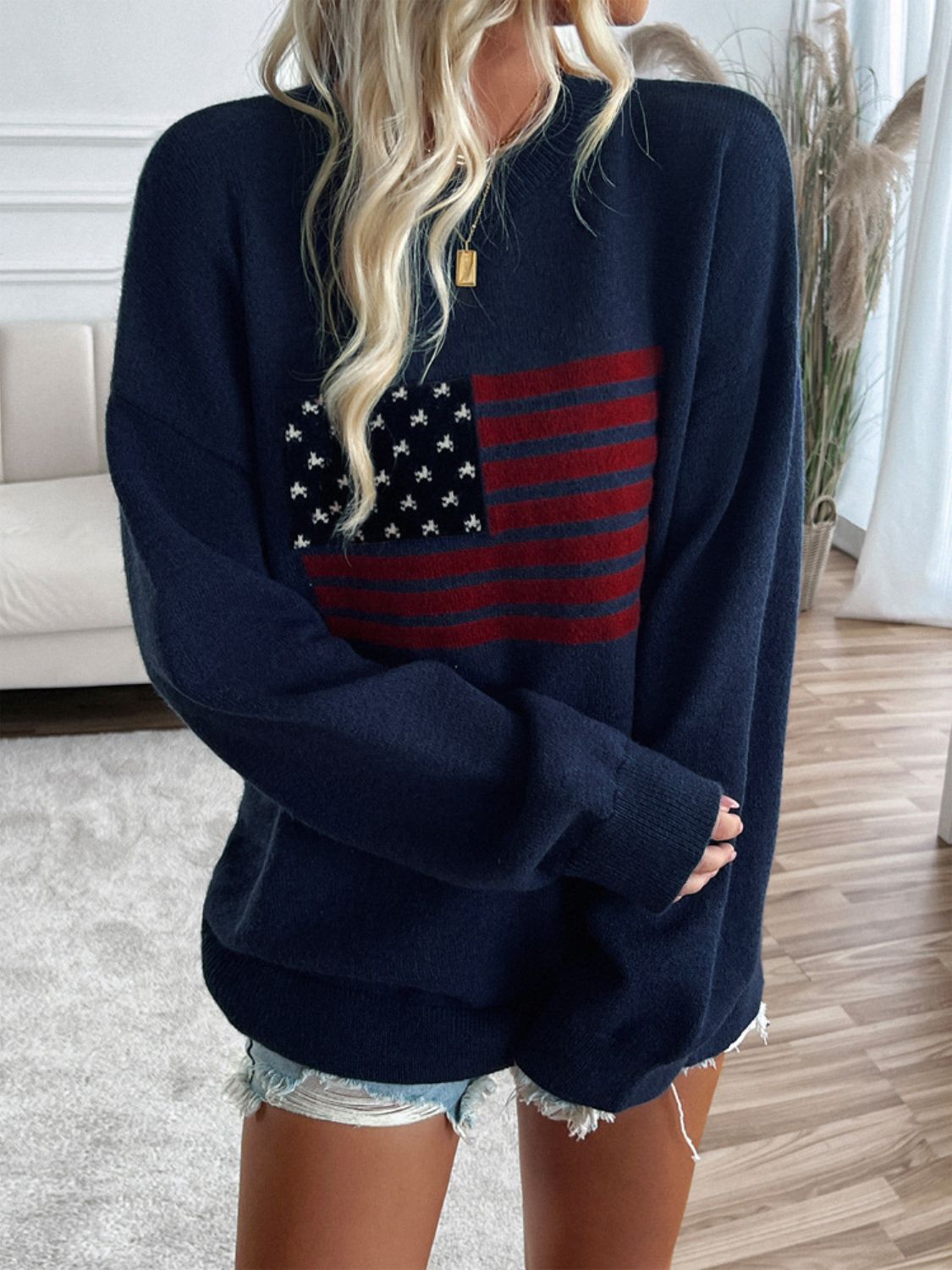 US Flag Round Neck Long Sleeve Knit Sweater Top