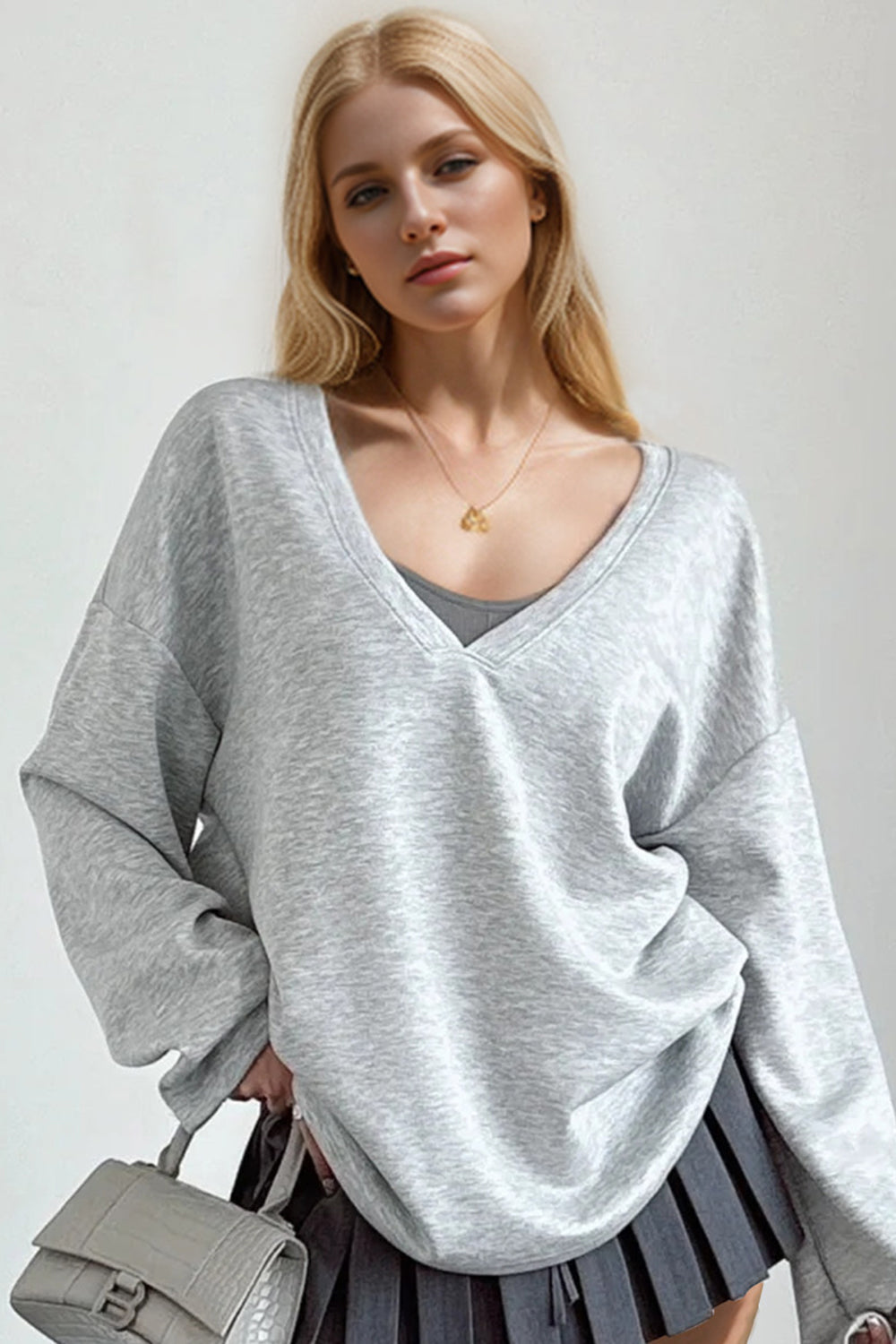 V-Neck Dropped Shoulder Long Sleeve Sweatshirt with Bra