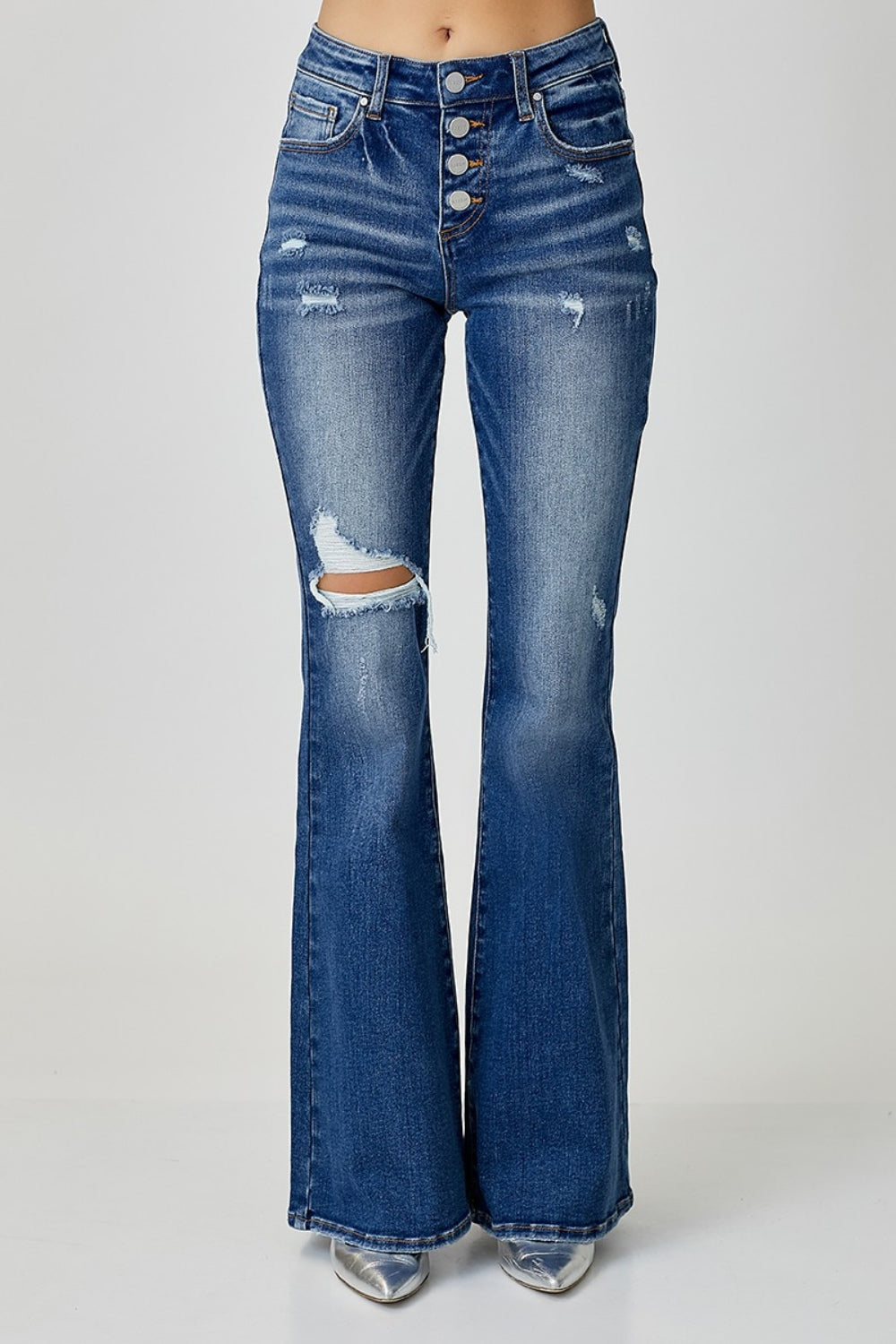 Distressed Button-Fly Flare Jeans